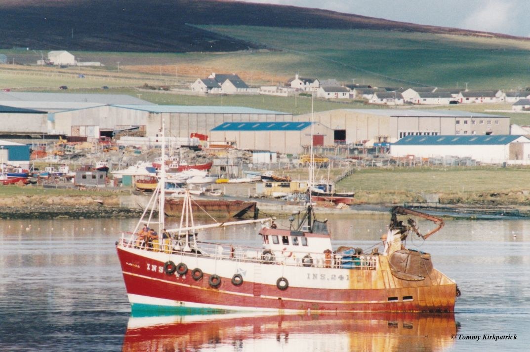 Fishing vessel Marigold, Coming into Kirkwall pier, 25/7/94.