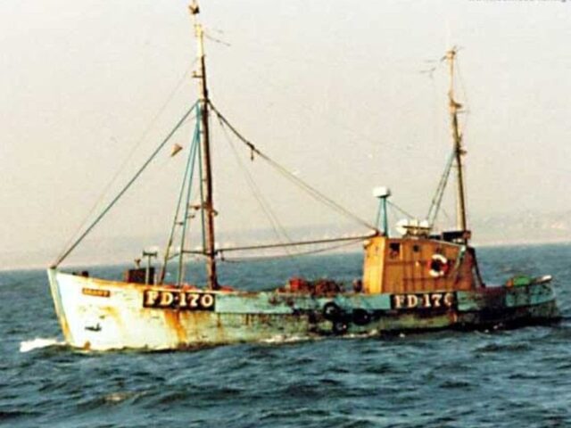 Fishing vessel Alant, Towing off Seaham, at Off Seaham / North East coast, Late 1980s